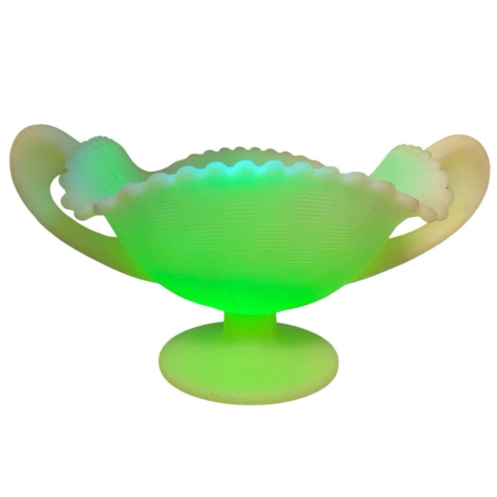 Antique Fenton Glass Light green pedestal bowl compote Pears Apples Hatch
